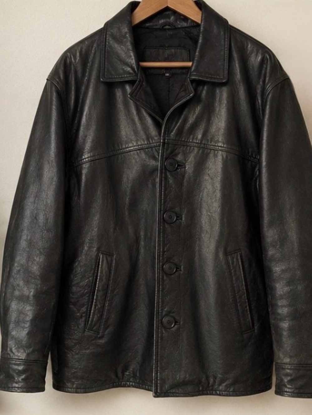 Vintage Black Genuine Leather Jacket Men’s XL Oversized Button Front